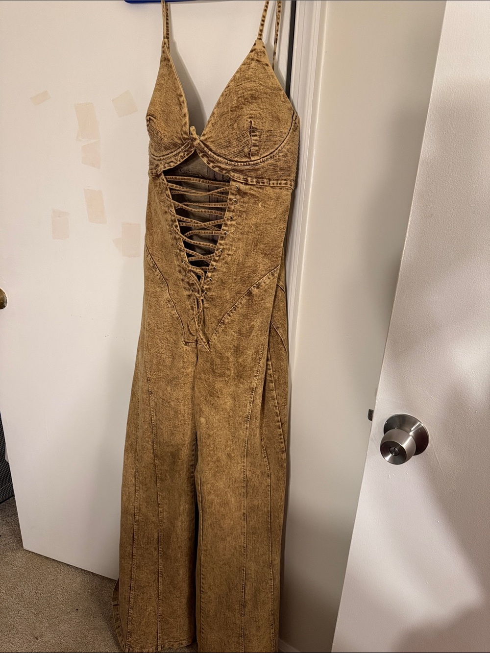 Fashion Nova Distressed Lace-Up Wide Leg Jumpsuit in Tan